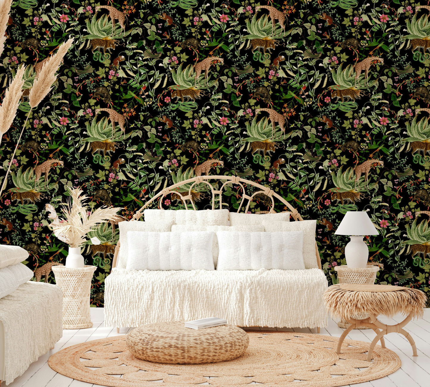 Bold wildlife mural wallpaper with lush plants and exotic creatures.

