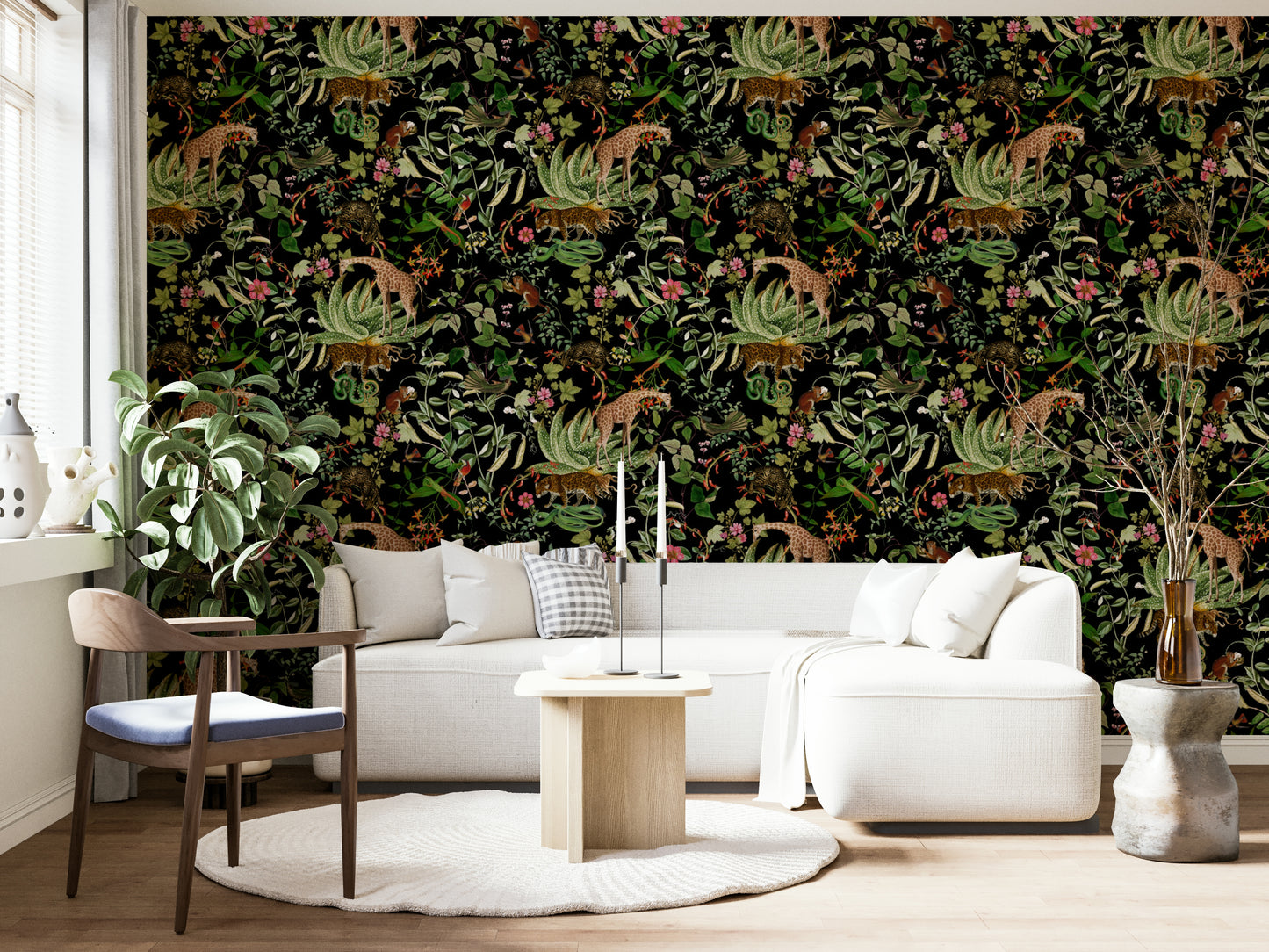 Nature-inspired wall mural with vibrant plants and wild animals.

