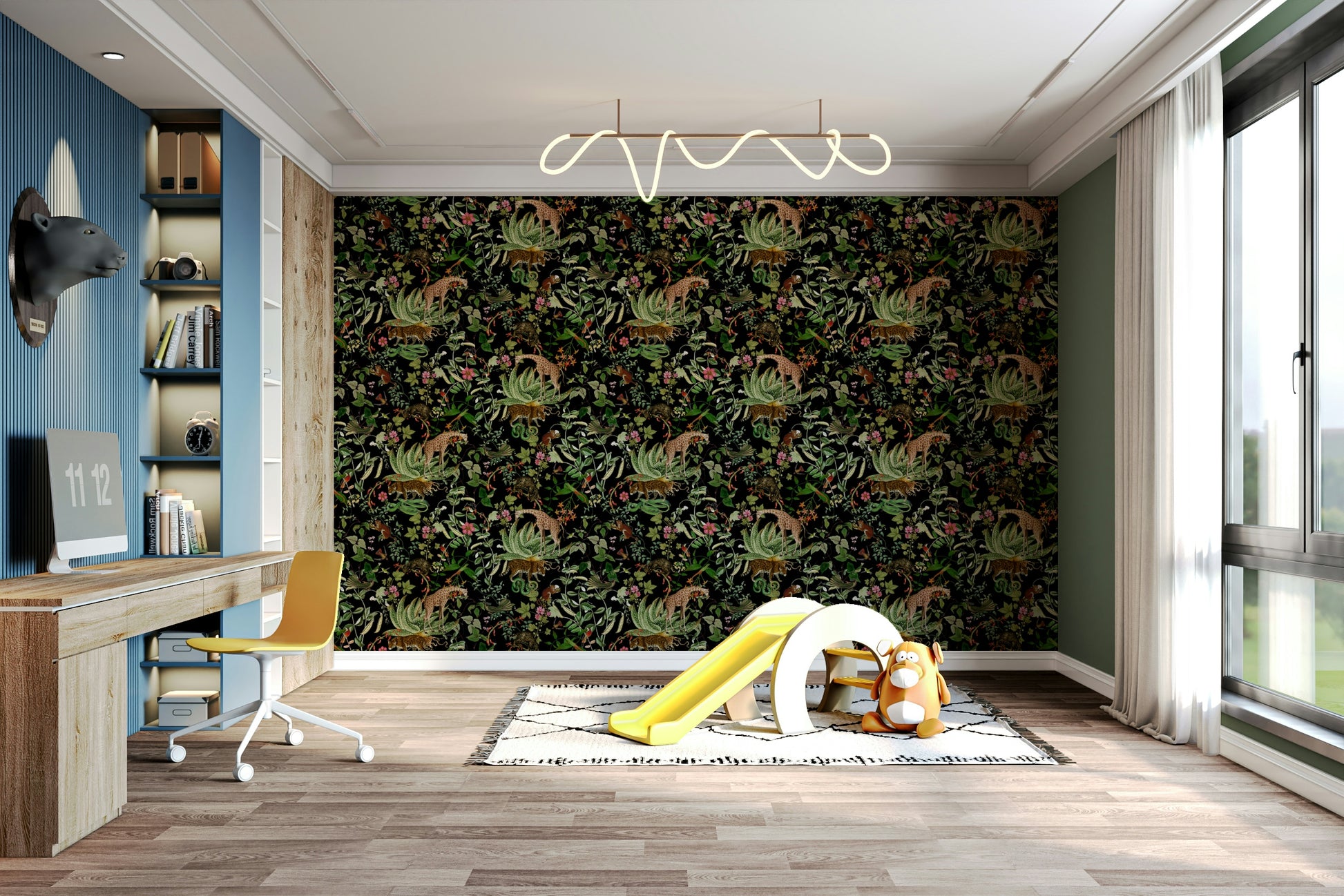 Whispers of the Wild wall mural with vibrant wildlife and rich greenery.


