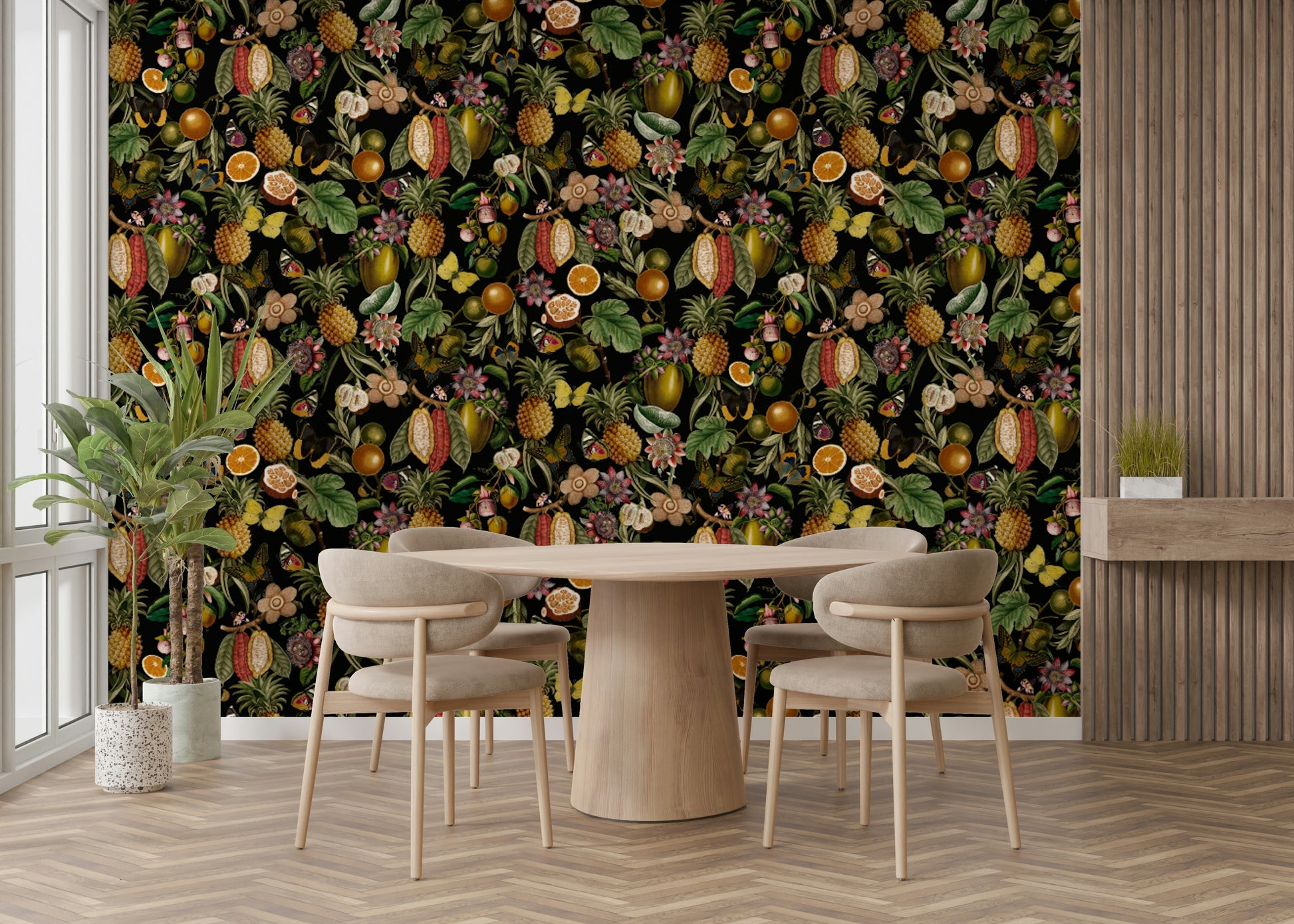 Close-up of Tropical Botanical Rhapsody mural with vibrant tropical foliage.

