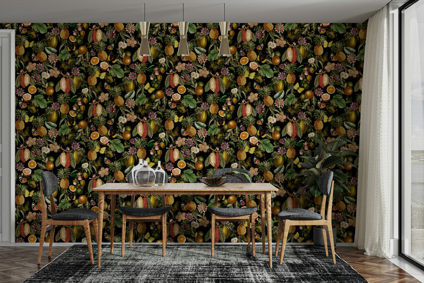 Vibrant tropical mural with exotic plants and lush greenery.

