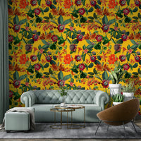 Floral wallpaper mural with bright hues and lush greenery.

