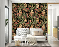 Rich, dark tropical wallpaper with vibrant plant designs.

