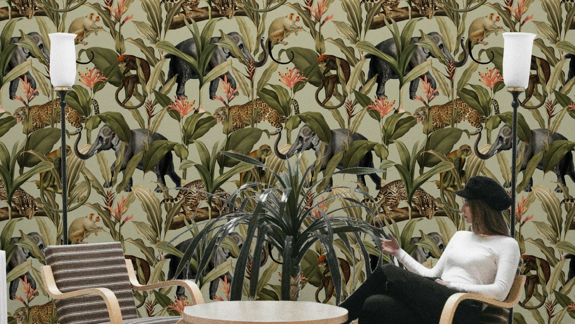 Close-up of Jungle Majesty mural with vibrant tropical plants.

