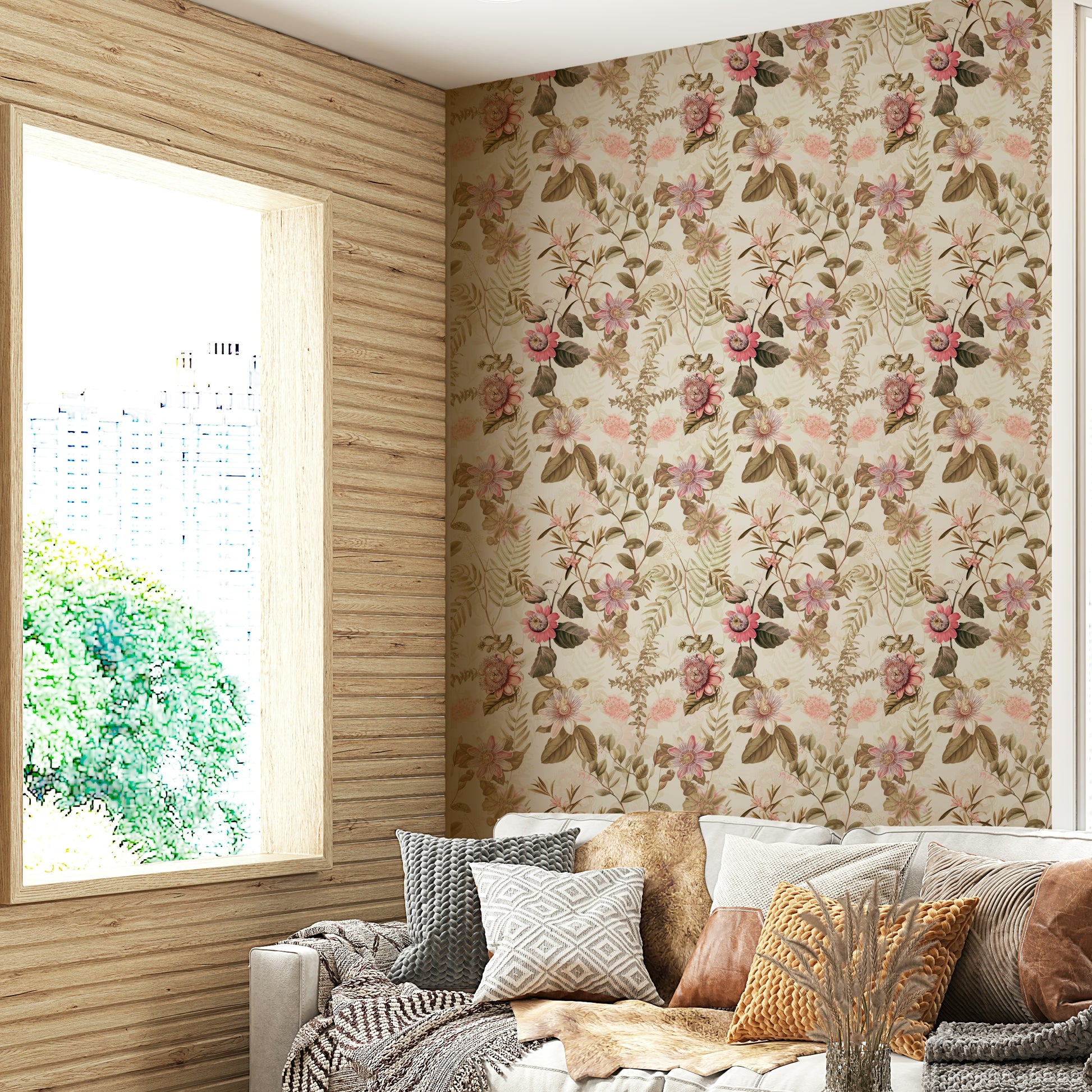 Lush floral wallpaper mural with bold passionflower design.

