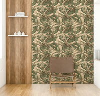 Serene wall mural with rich green tones and floral accents.

