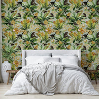 Lush tropical wallpaper with vibrant plants and warm golden tones.

