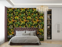 Vibrant jungle wallpaper featuring monkeys, bright flowers, and palm leaves.

