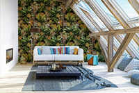Golden Jungle Wallpaper with golden accents and tropical foliage.


