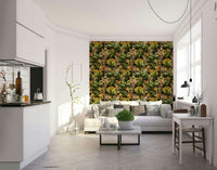 Lush tropical wallpaper with rich gold details and vivid plants.


