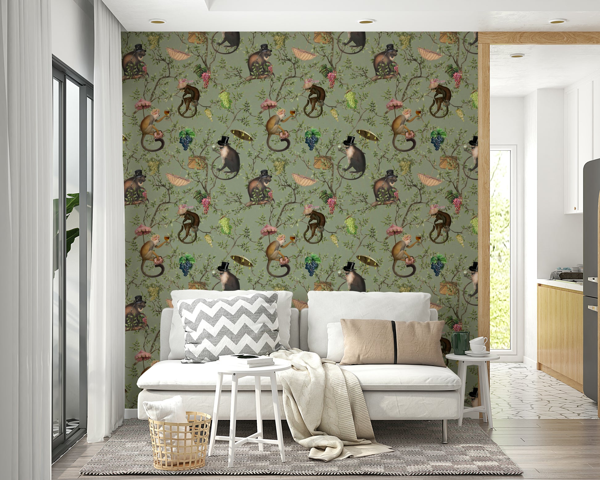 Playful vineyard wallpaper featuring monkeys, grapes, and foliage.

