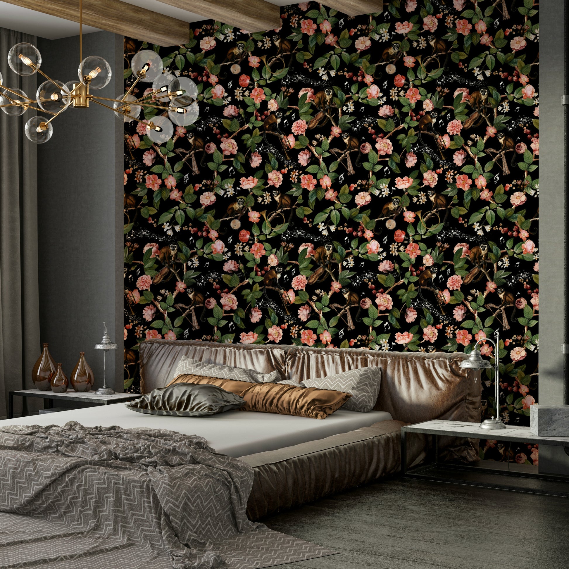 Fun tropical mural with monkeys, musical elements, and bright flowers.

