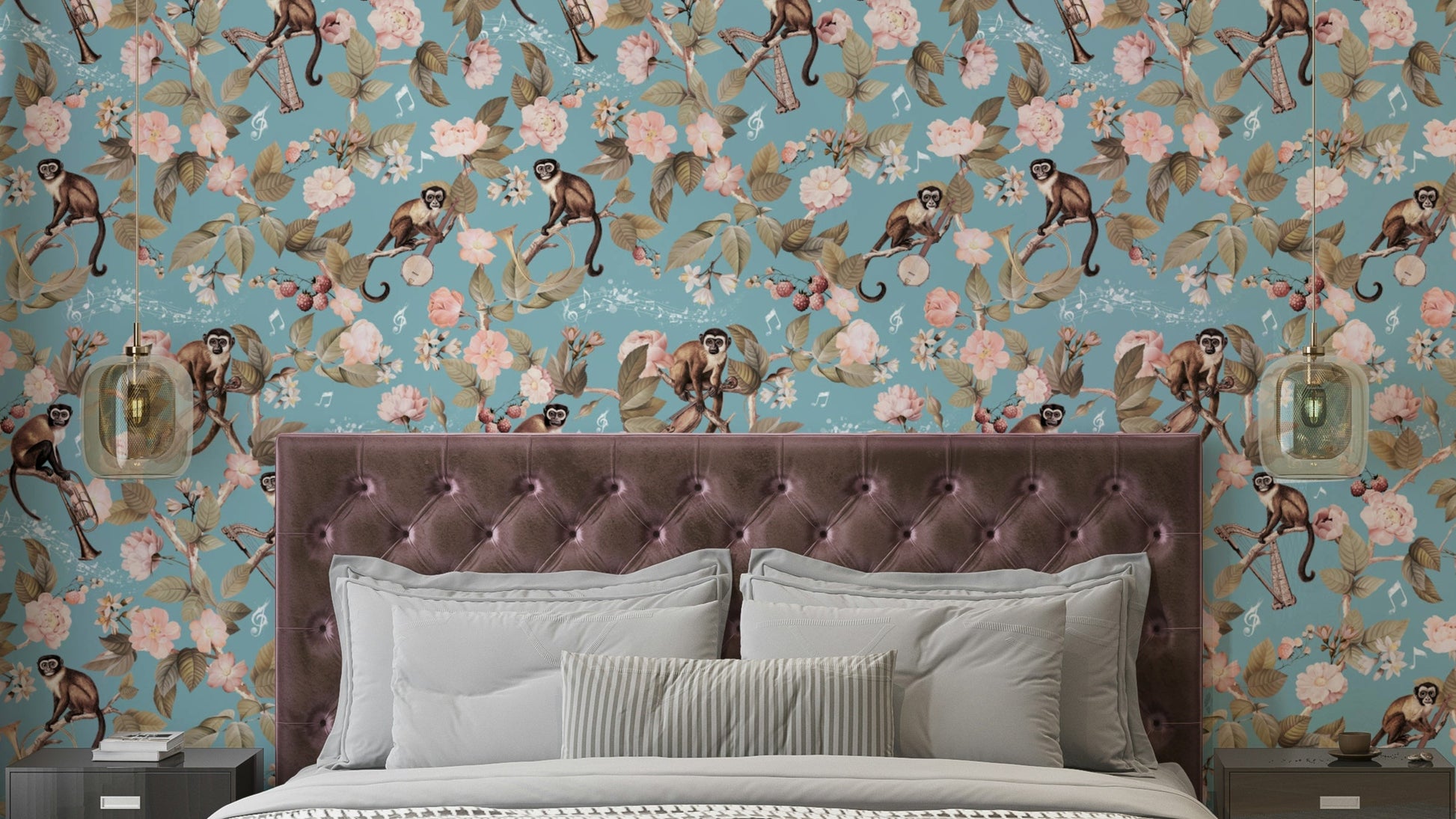 Monkeys & Melodies Wallpaper with playful monkeys and tropical flowers.


