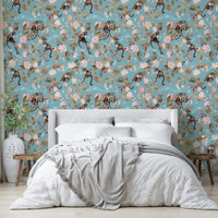 Playful tropical wallpaper with monkeys, flowers, and whimsical melodies.

