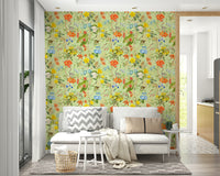 Tropical wallpaper with vibrant birds and lush, green foliage.

