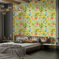 Tropical Paradise Wallpaper with palm leaves and vibrant flowers.

