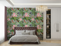 Close-up of lush leaves and muted green tones in the jungle mural.

