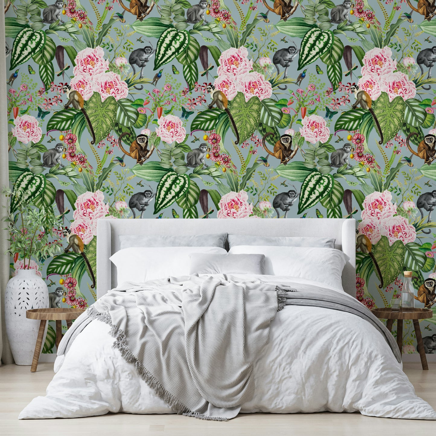 Serene botanical wallpaper featuring soft greenery and light accents.

