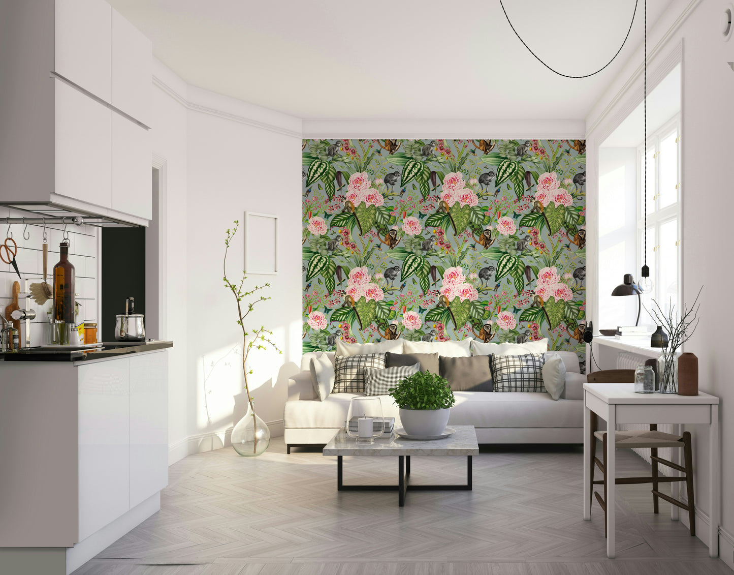 Calming wall mural featuring detailed greenery and natural elements.

