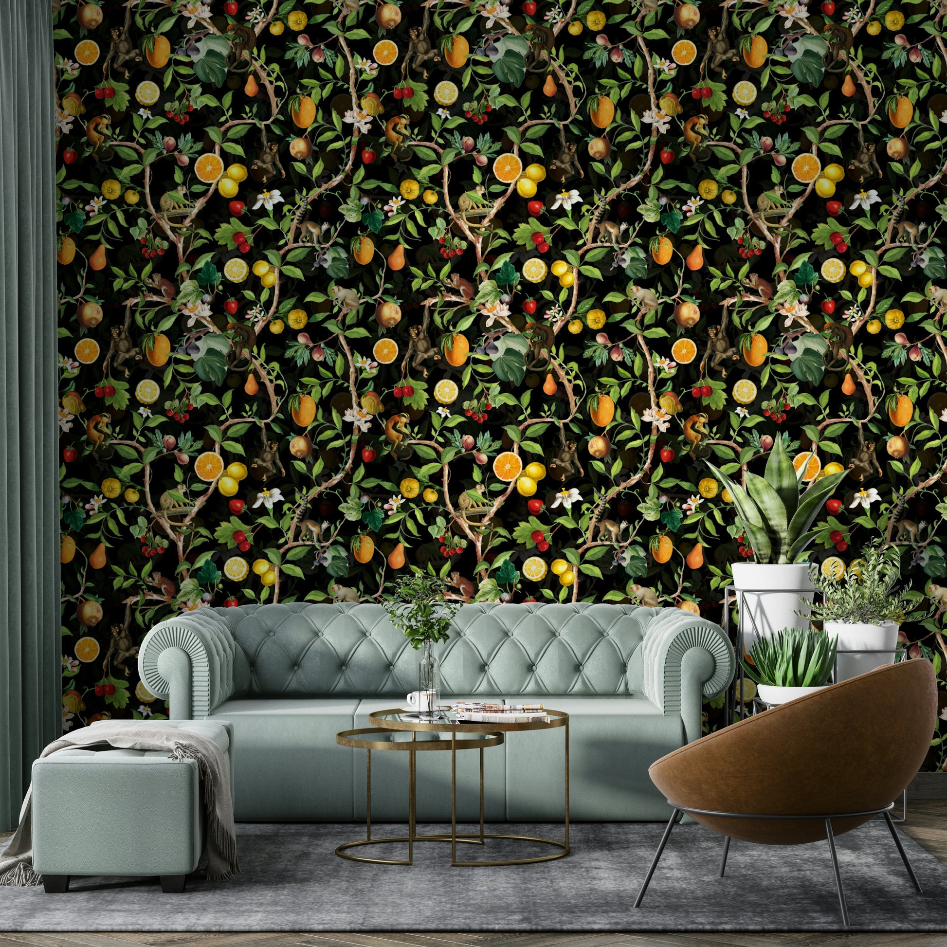 Jungle wallpaper with monkeys interacting with colorful flowers and leaves.

