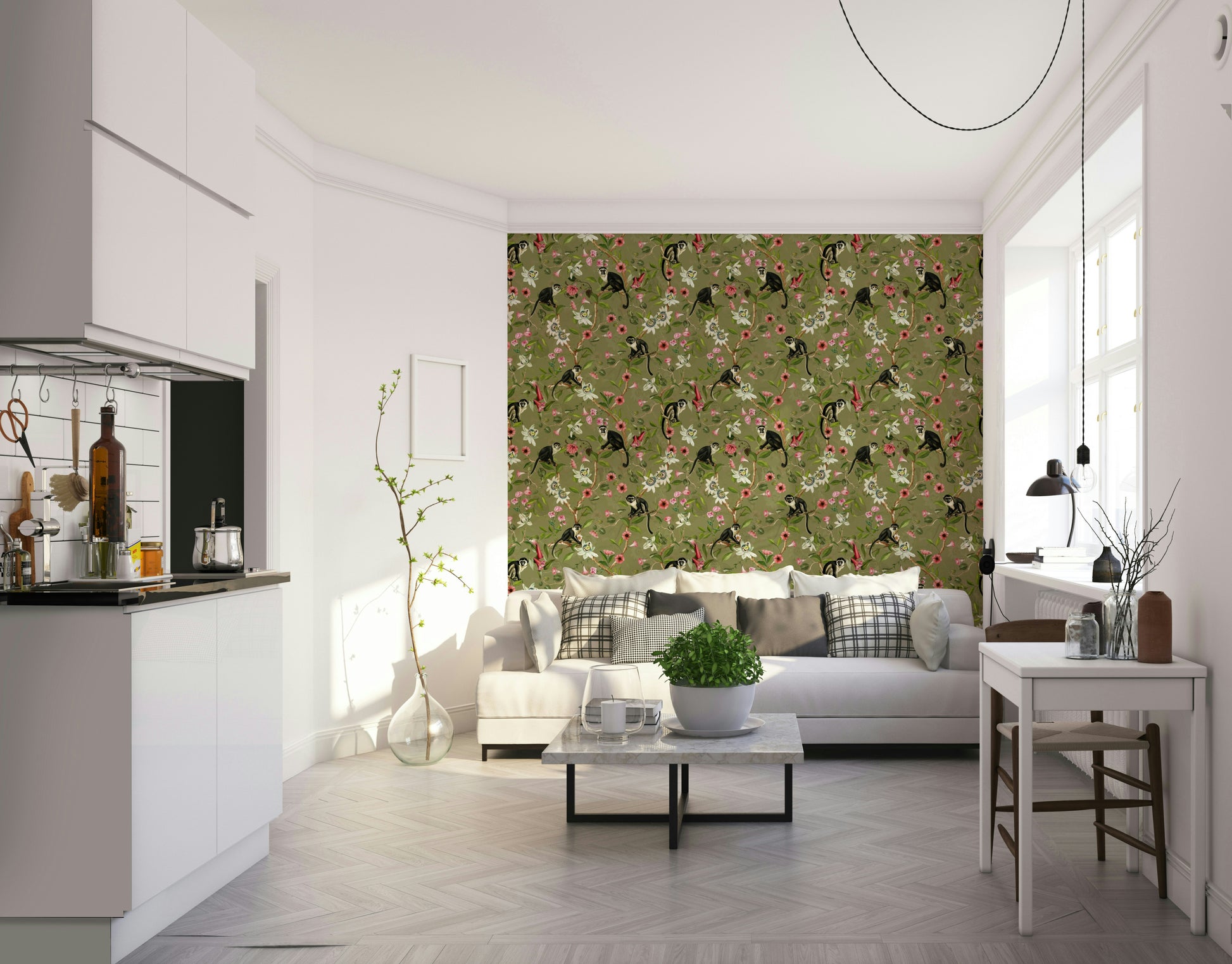 Subtle jungle mural with botanical elements on a soft, neutral background.

