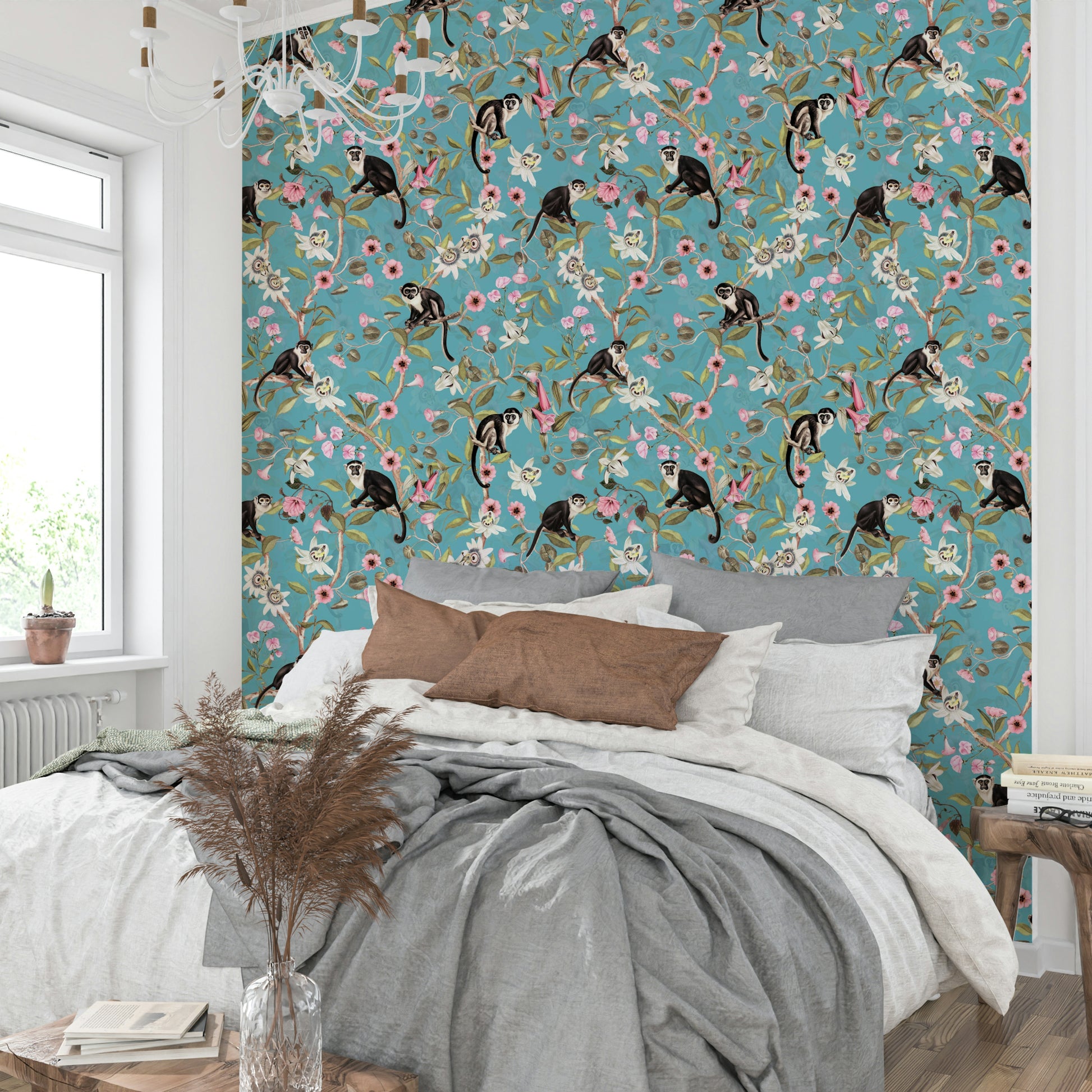 Tropical wallpaper featuring charming primates and exotic foliage.

