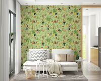Wallpaper with tropical monkeys surrounded by bananas, papayas, and bright foliage.

