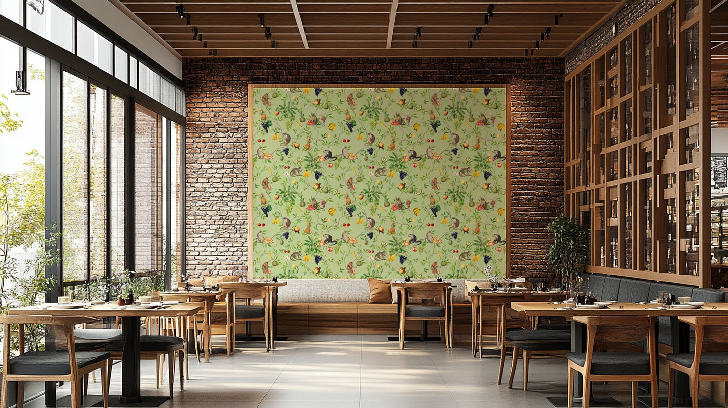 Wallpaper featuring monkeys, pineapples, and vibrant jungle greenery.

