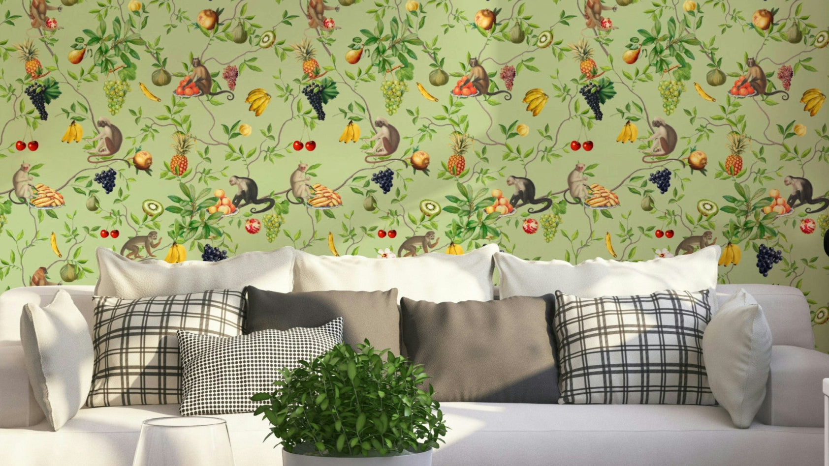 Tropical jungle wallpaper with cheeky monkeys and lush fruits.

