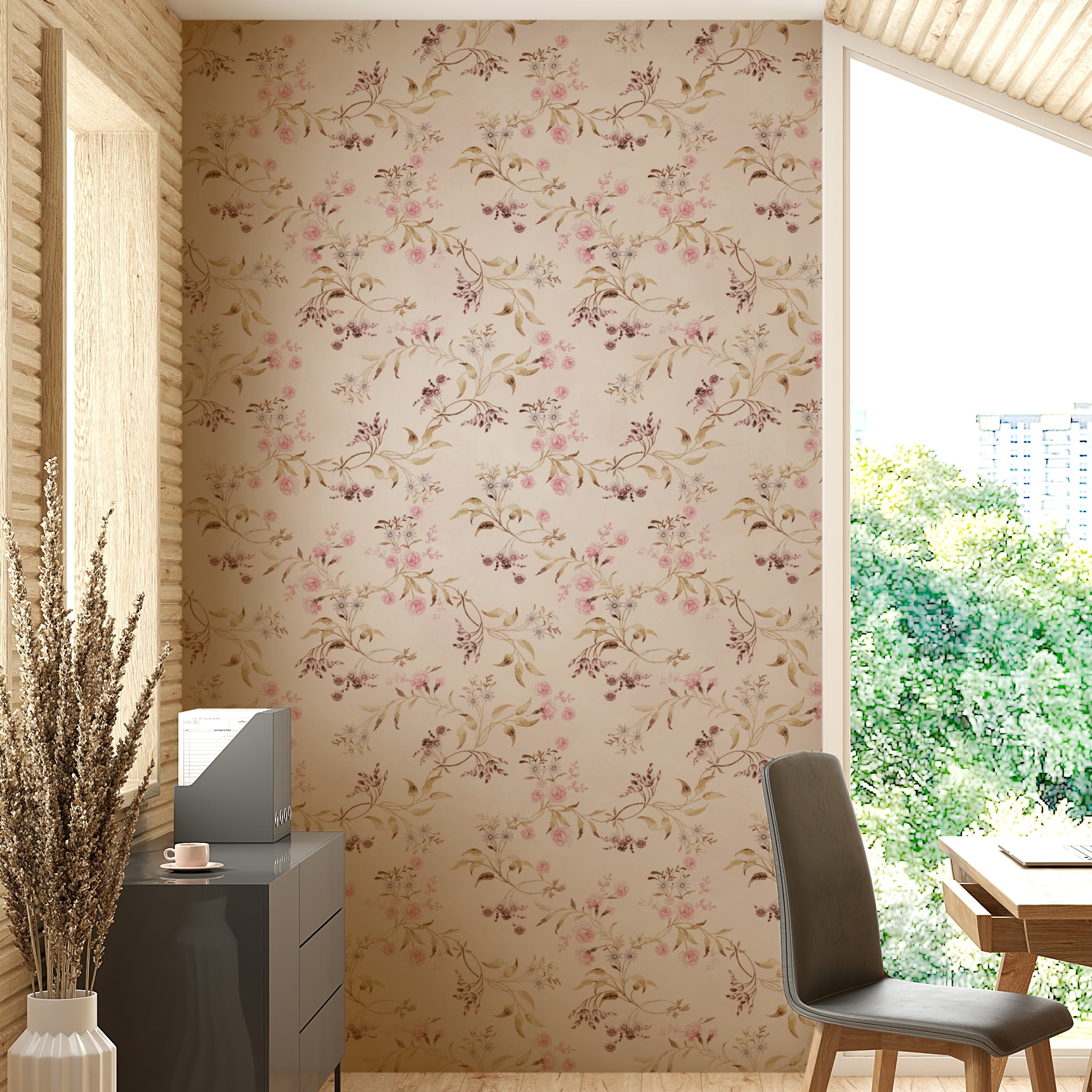 Soft floral wall mural with pink, blue, and green tones.


