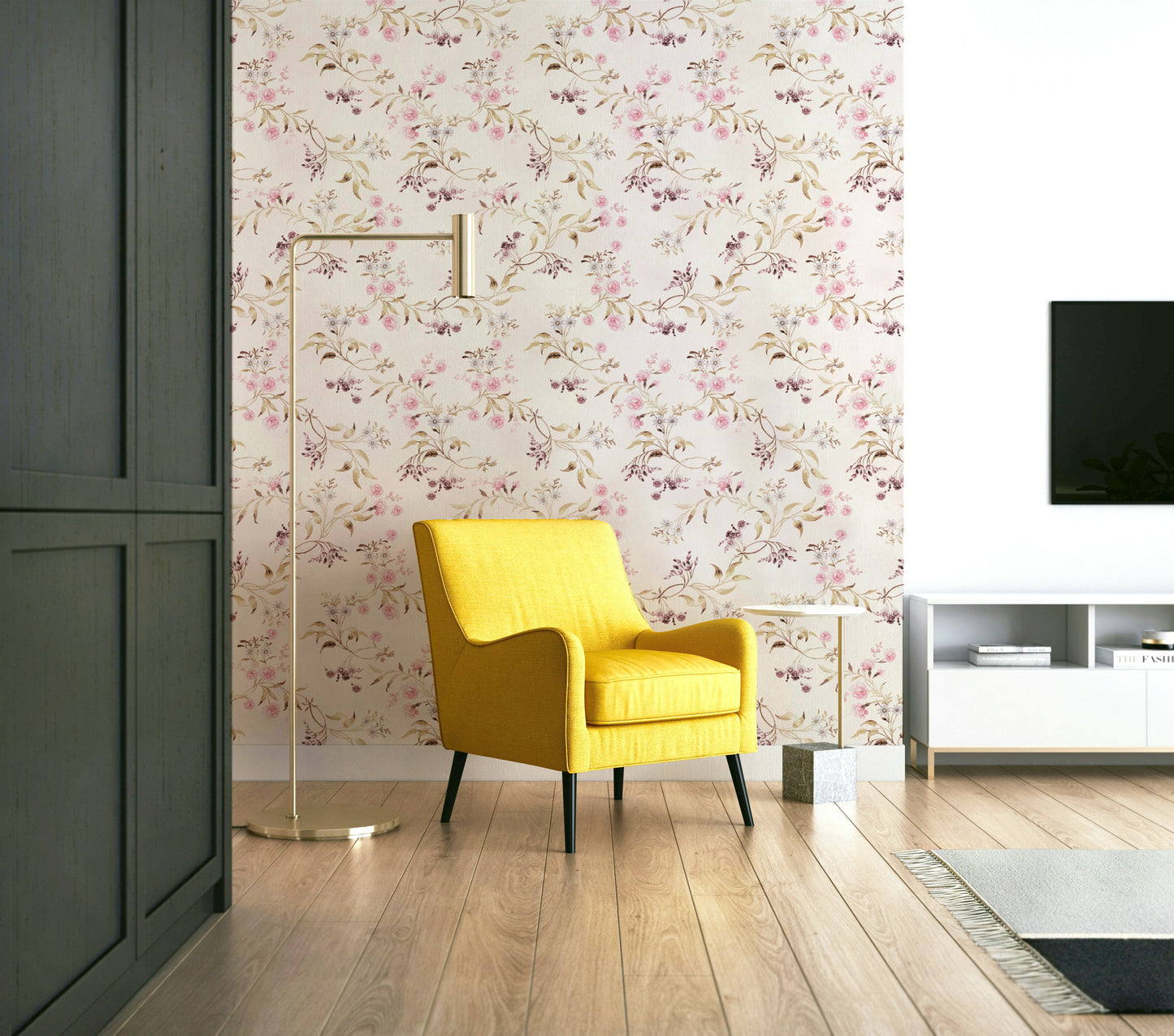 Watercolor-inspired floral wallpaper on a pastel background.


