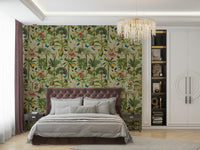 Soft botanical mural featuring pink, blue, and green flowers.

