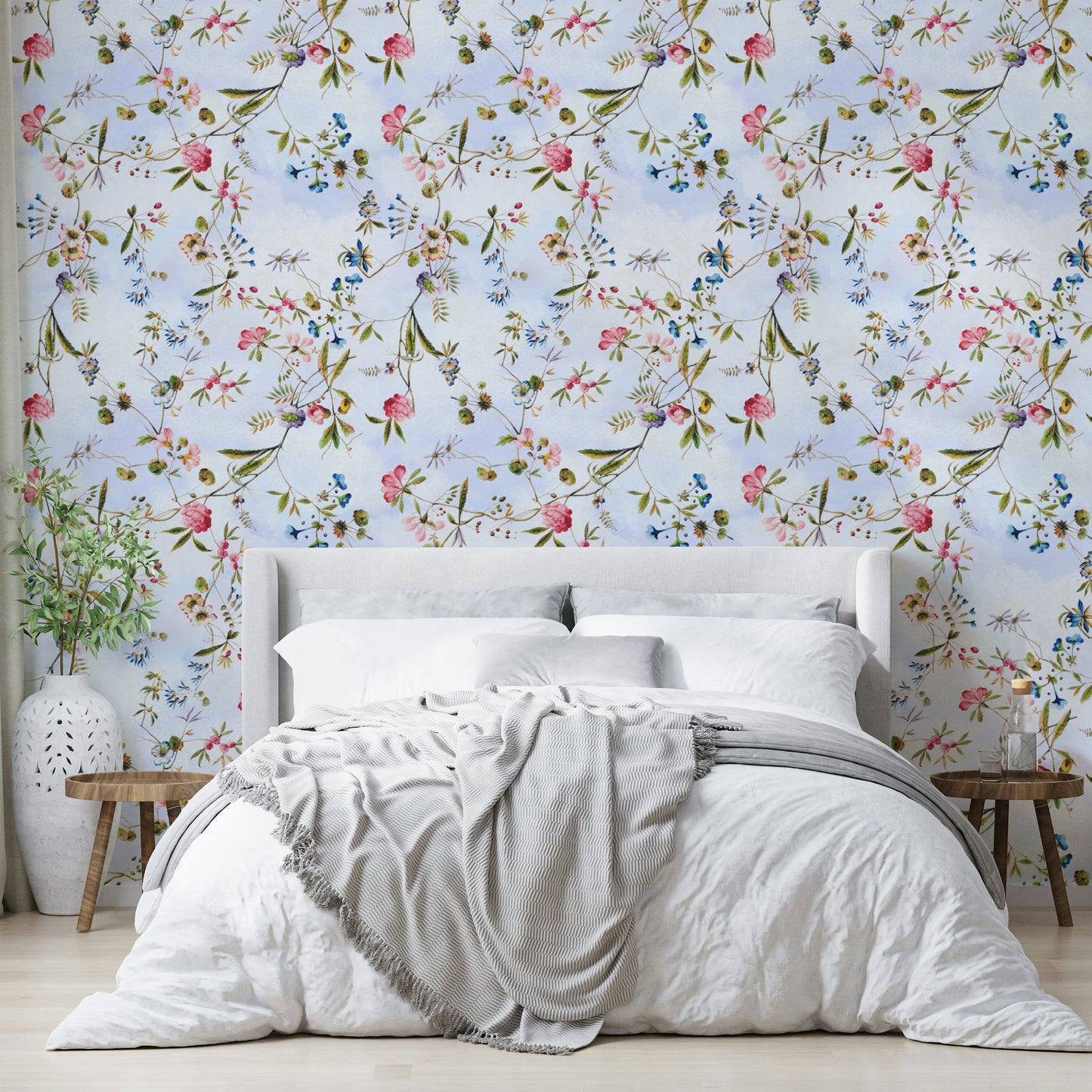 Wallpaper with garden birds, leafy greens, and vivid flowers.

