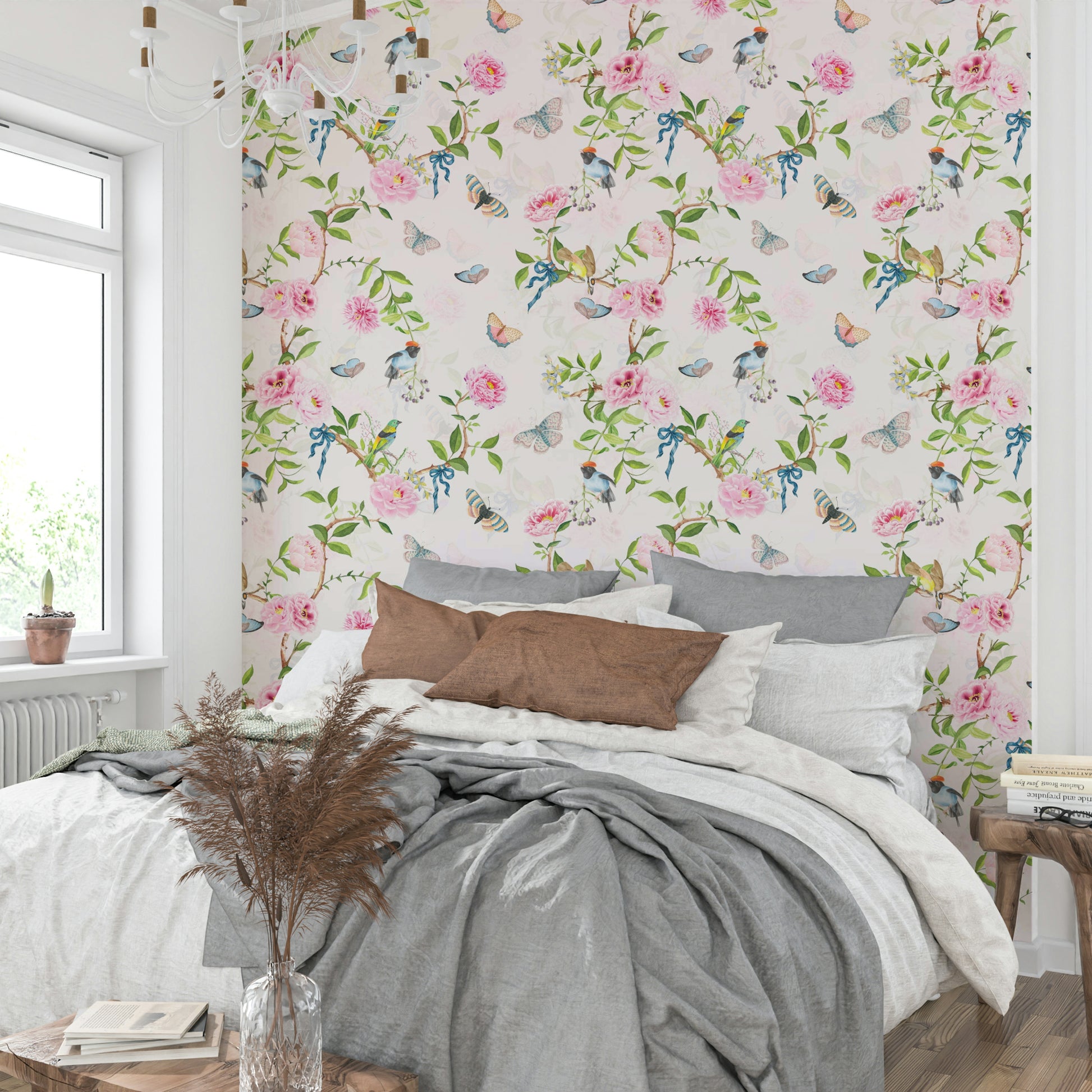Botanical wallpaper with a peaceful, illustrated garden scene.

