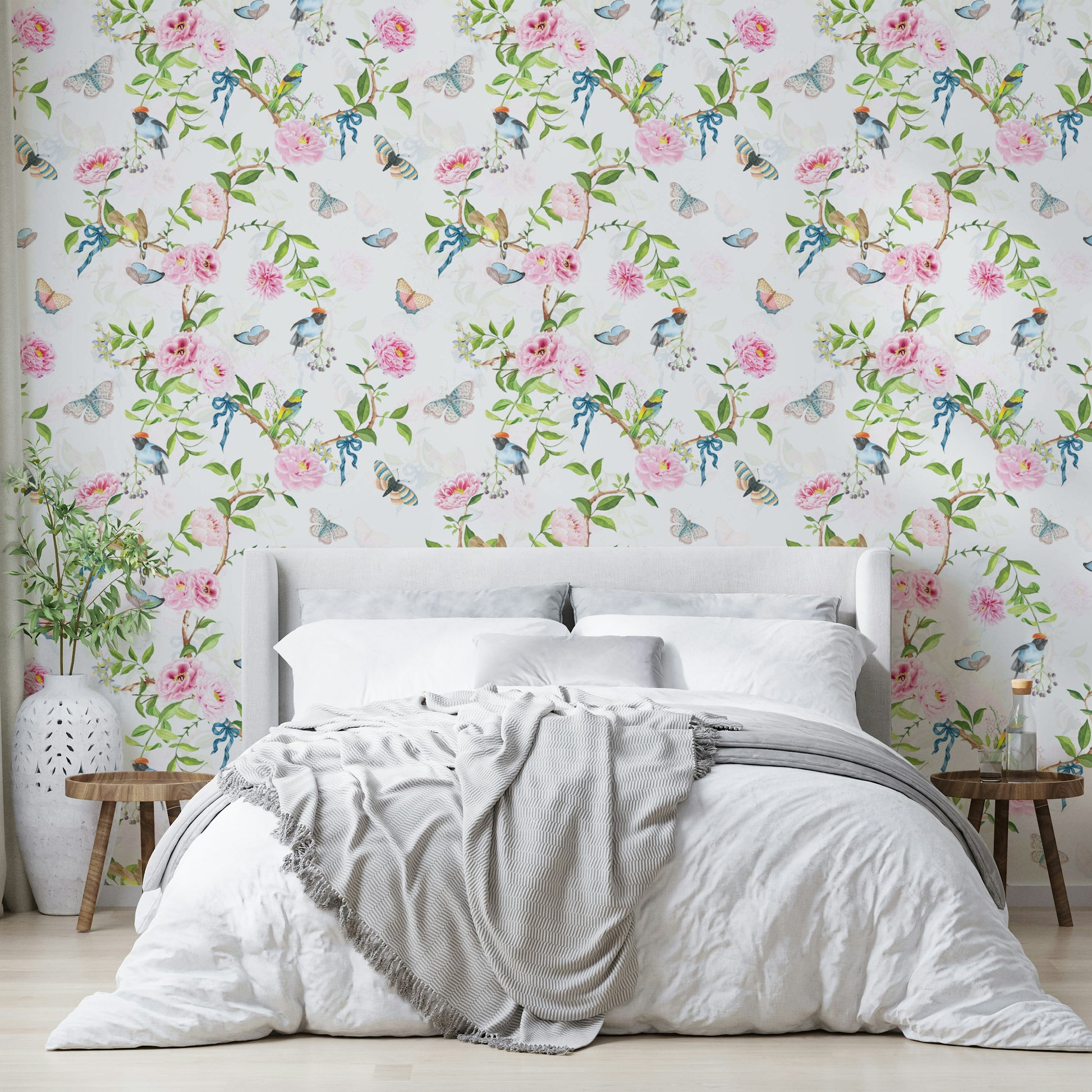 Vintage-inspired mural with garden creatures and floral trails.

