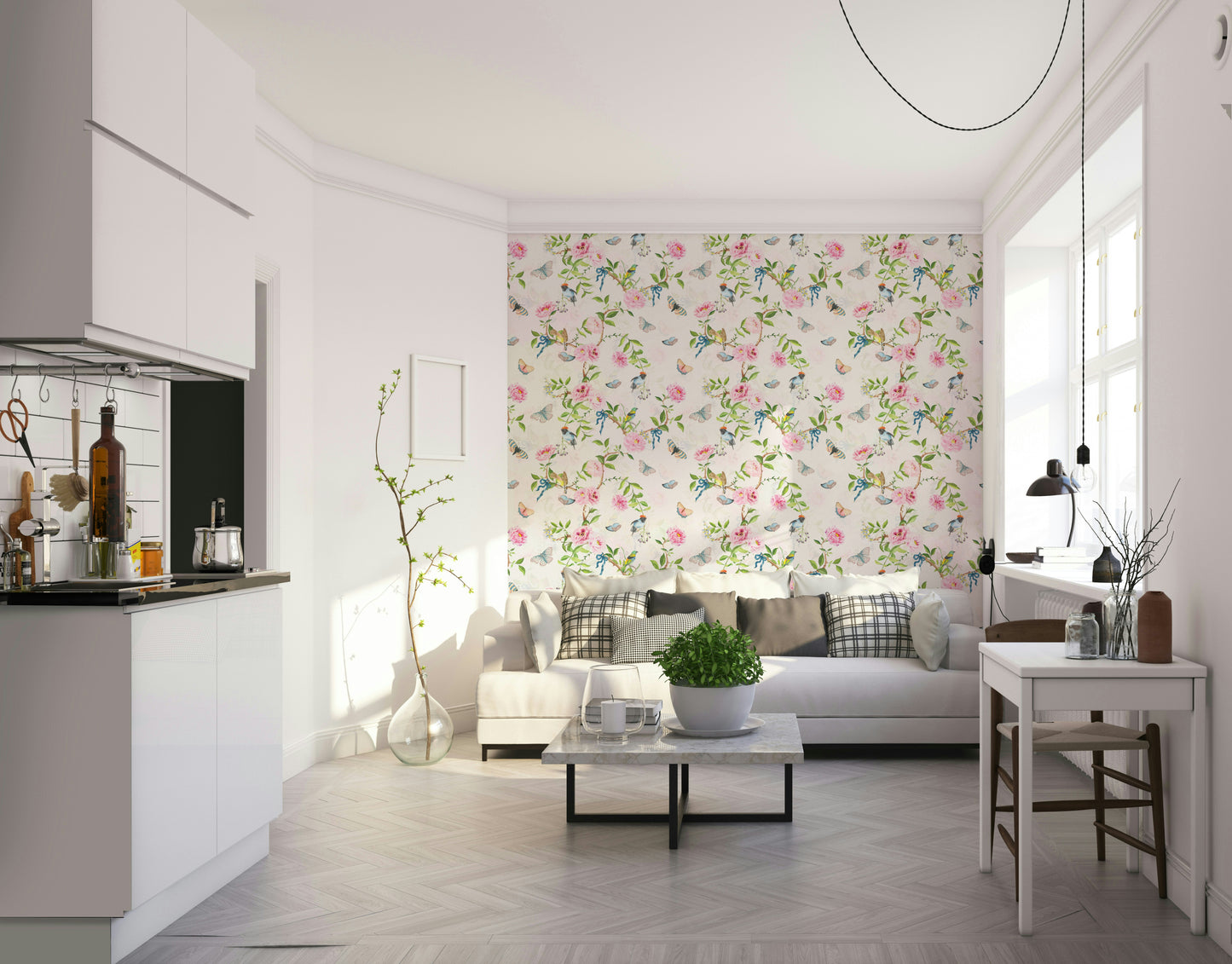Nature-inspired wallpaper with soft florals and gentle birds.

