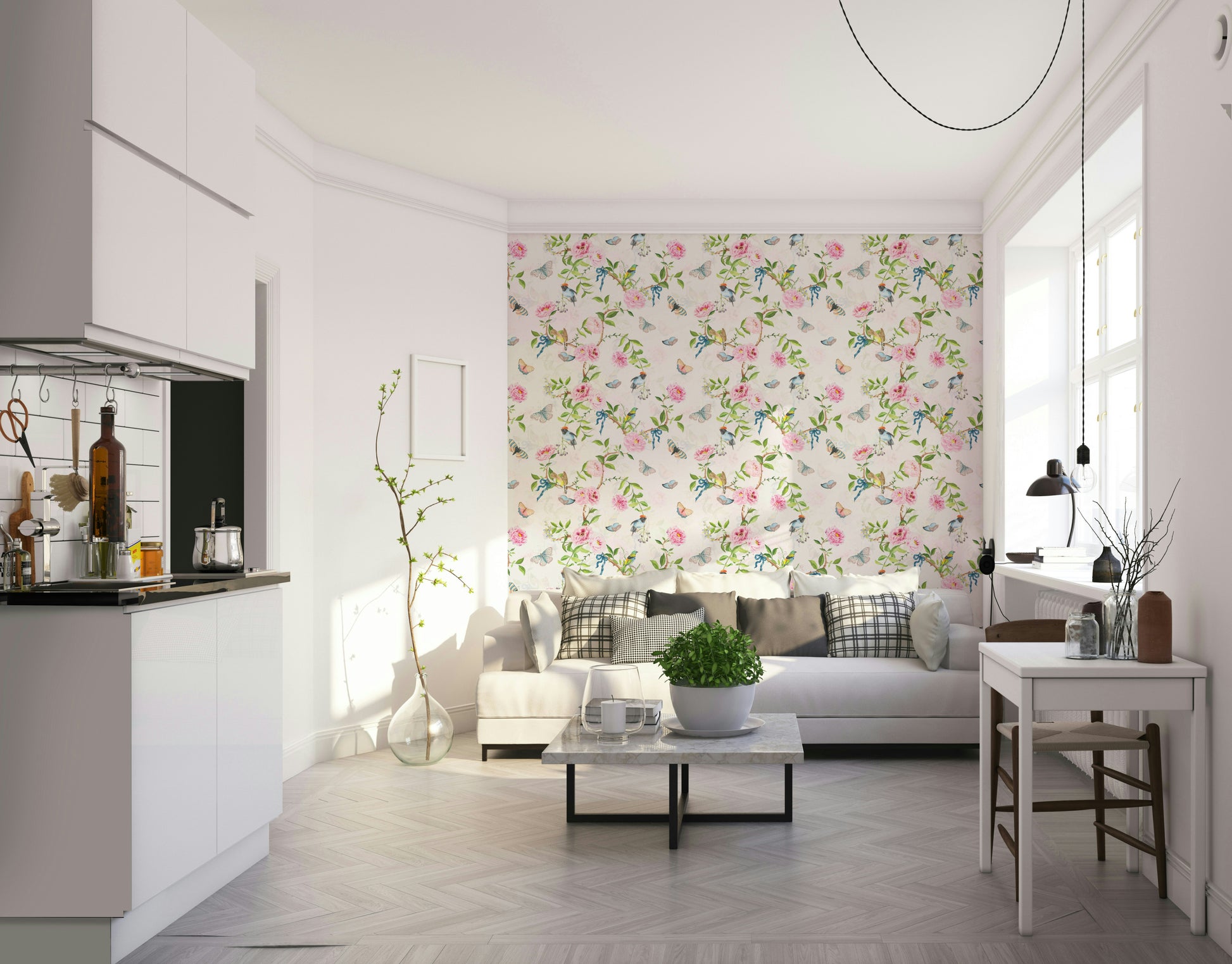 Nature-inspired wallpaper with soft florals and gentle birds.

