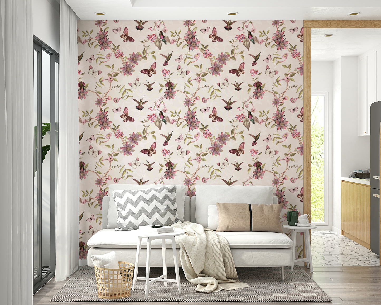Romantic floral mural with detailed illustration of nature.

