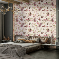 Wallpaper featuring garden birds, vines, and pastel flowers.

