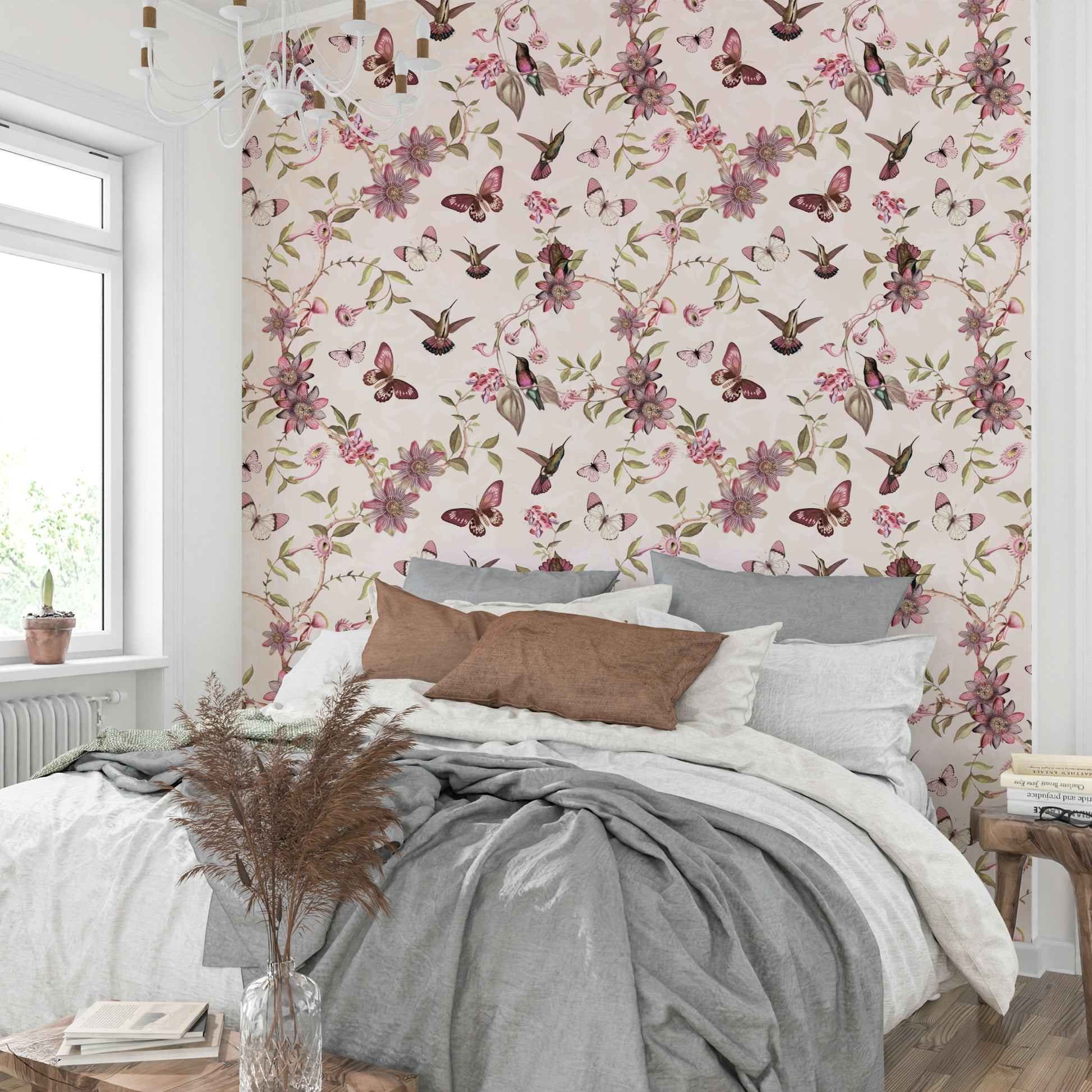 Pastel floral wallpaper featuring butterflies and green foliage.

