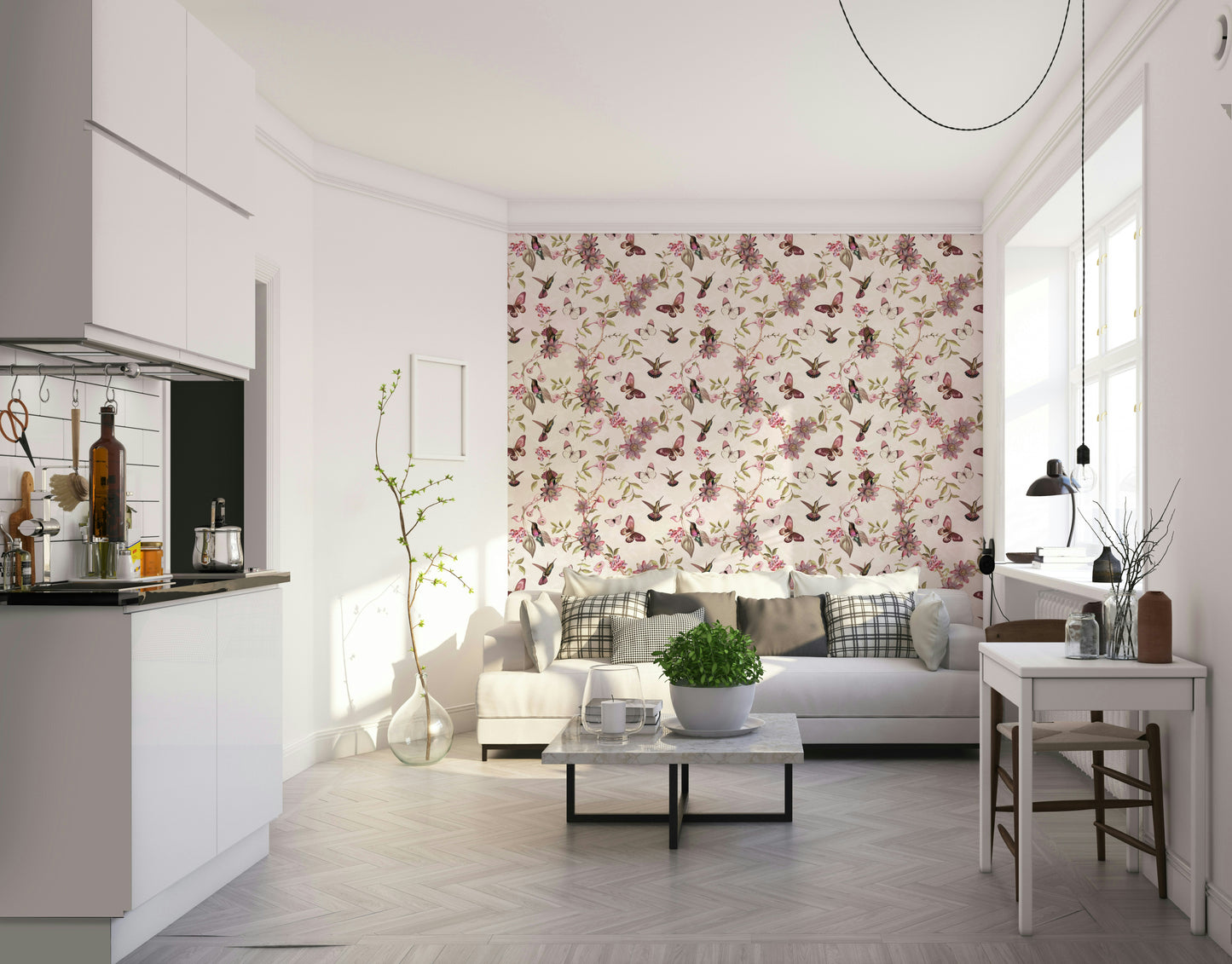 Whimsical wallpaper showing birds among delicate garden blooms.


