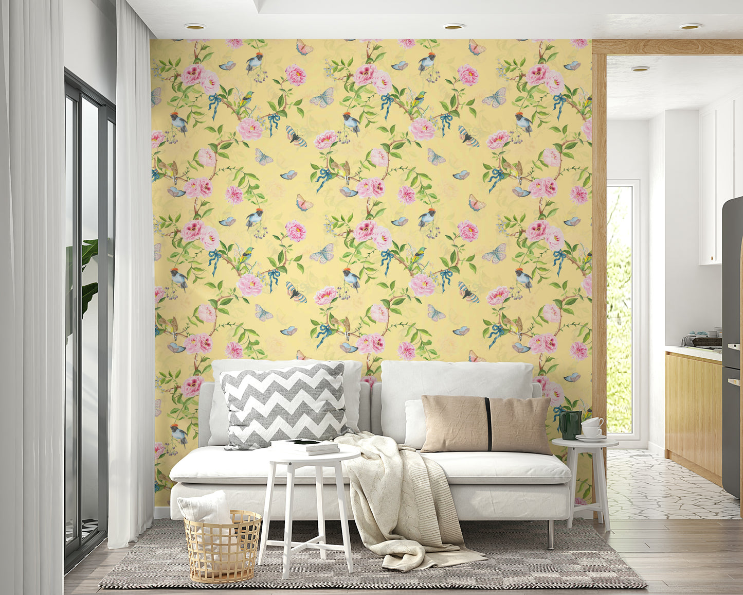 Soft chinoiserie wall mural in blush, lavender, and sage tones.

