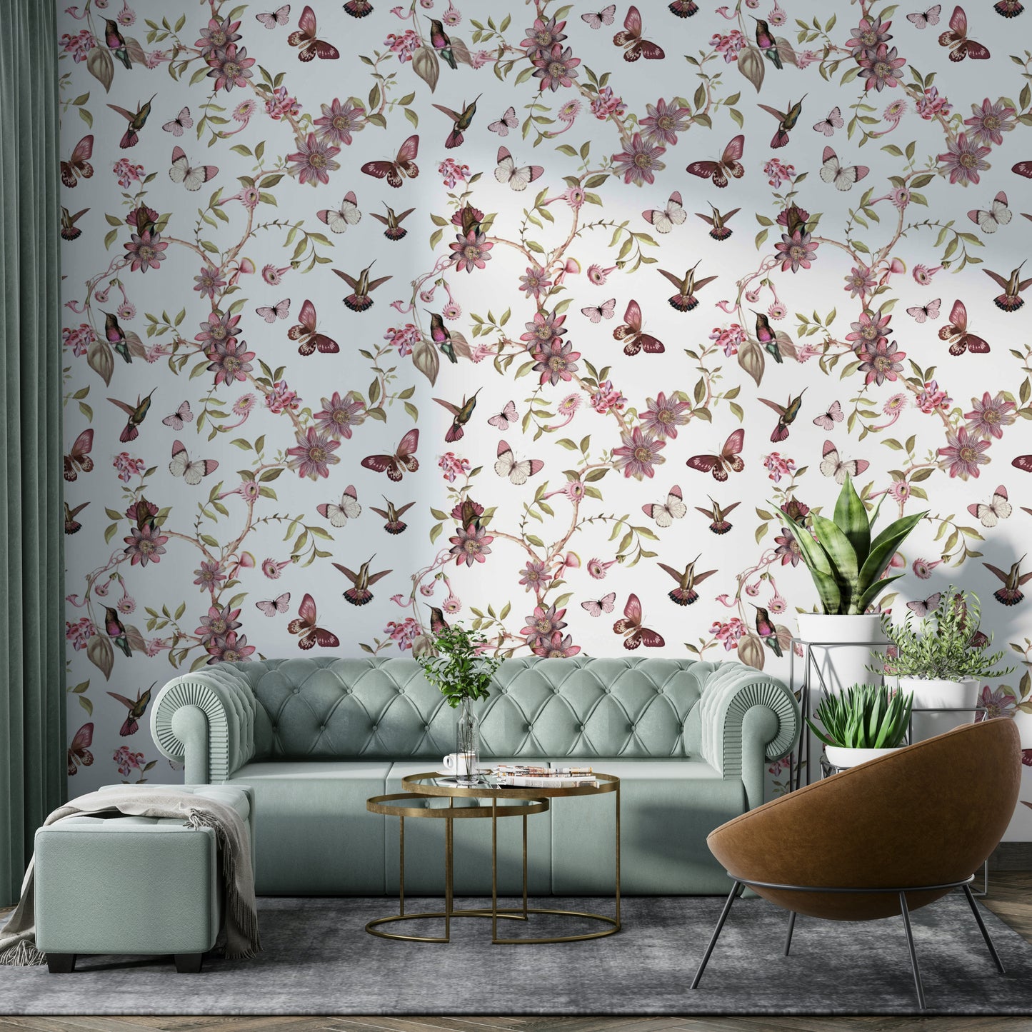 Botanical wall mural with golden blooms and blue butterflies.

