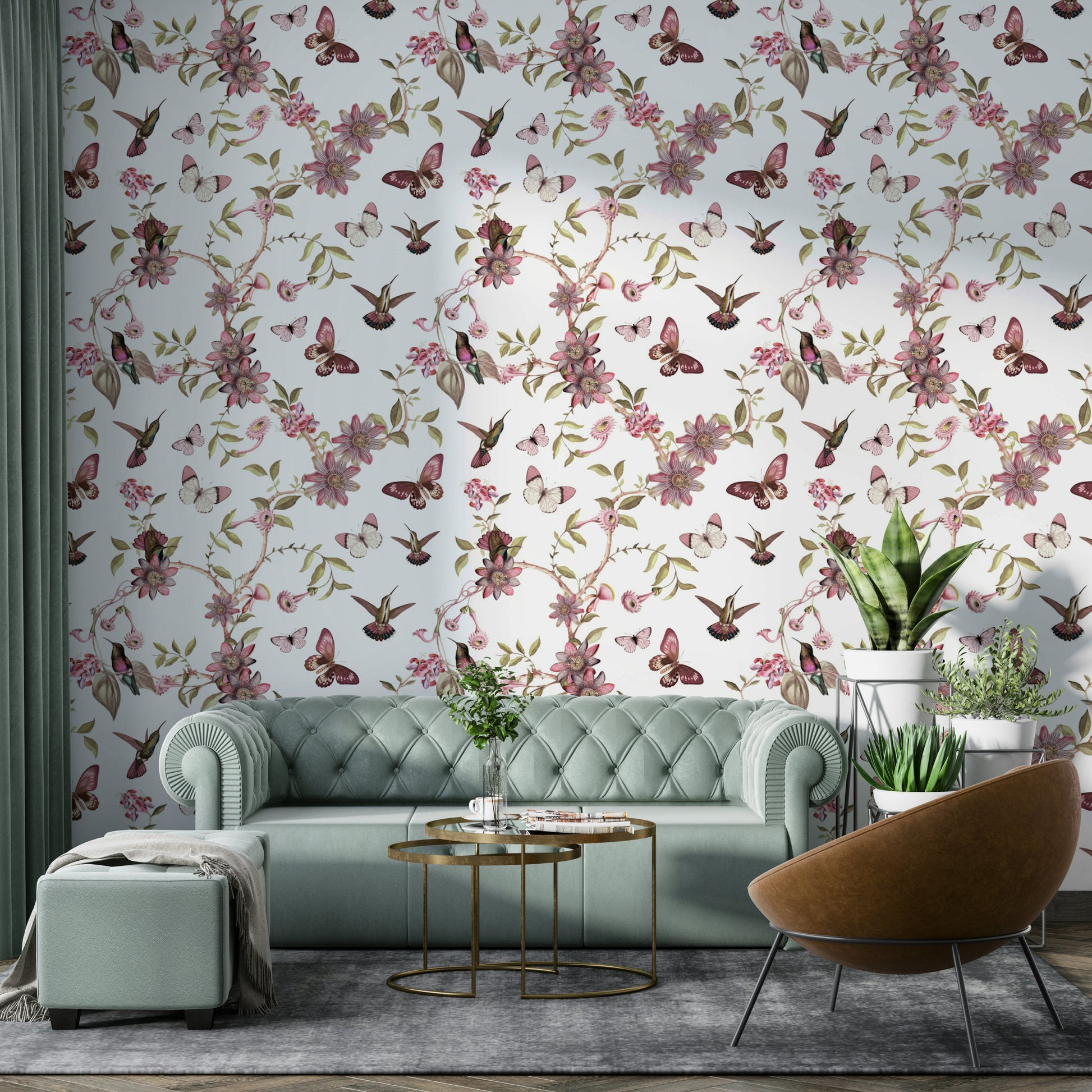Botanical wall mural with golden blooms and blue butterflies.

