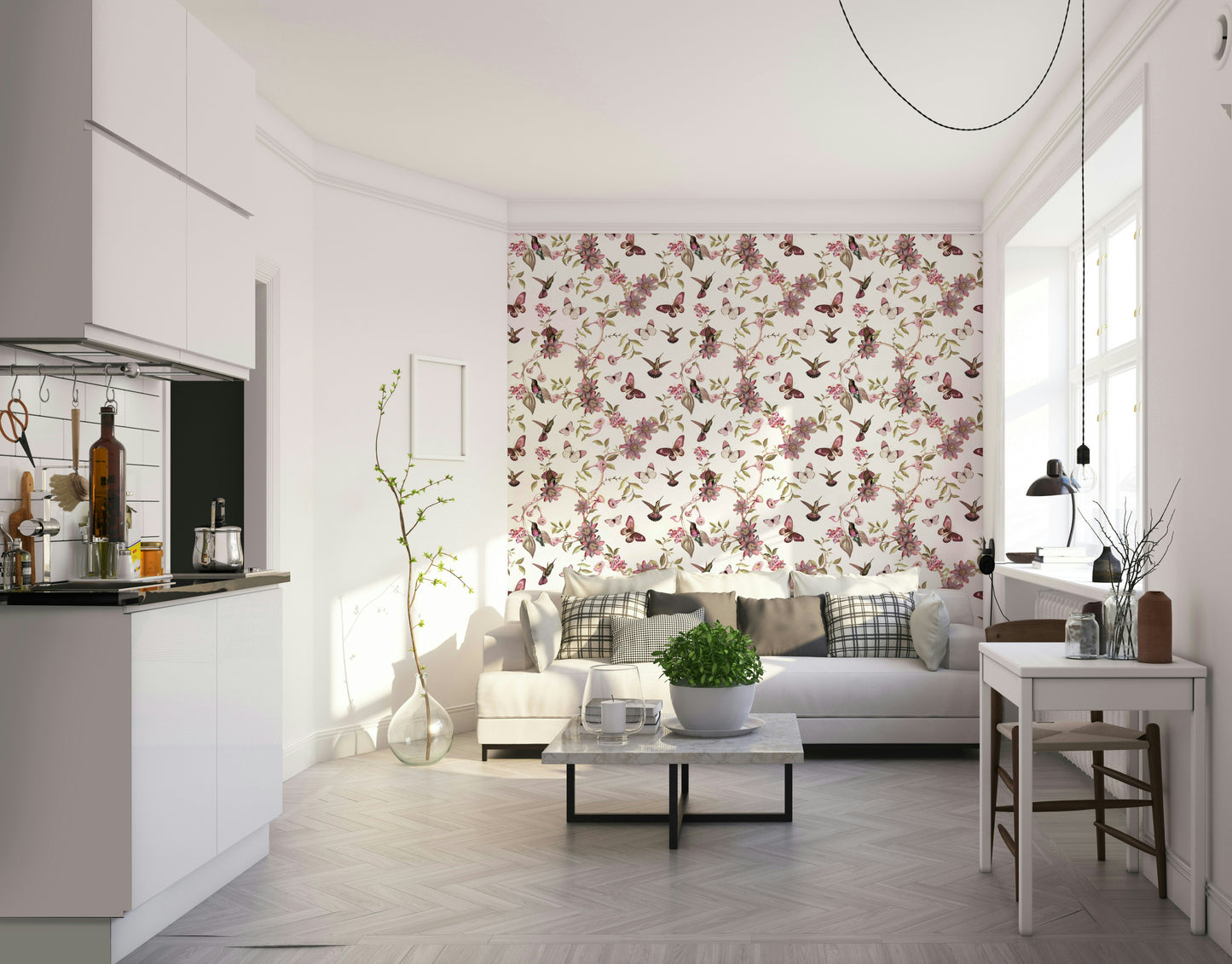 Enchanted Garden Bloom Wallpaper with golden flowers and birds.

