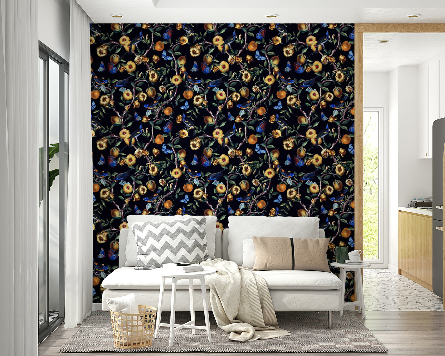 Romantic floral mural with moody tones and evening ambiance.

