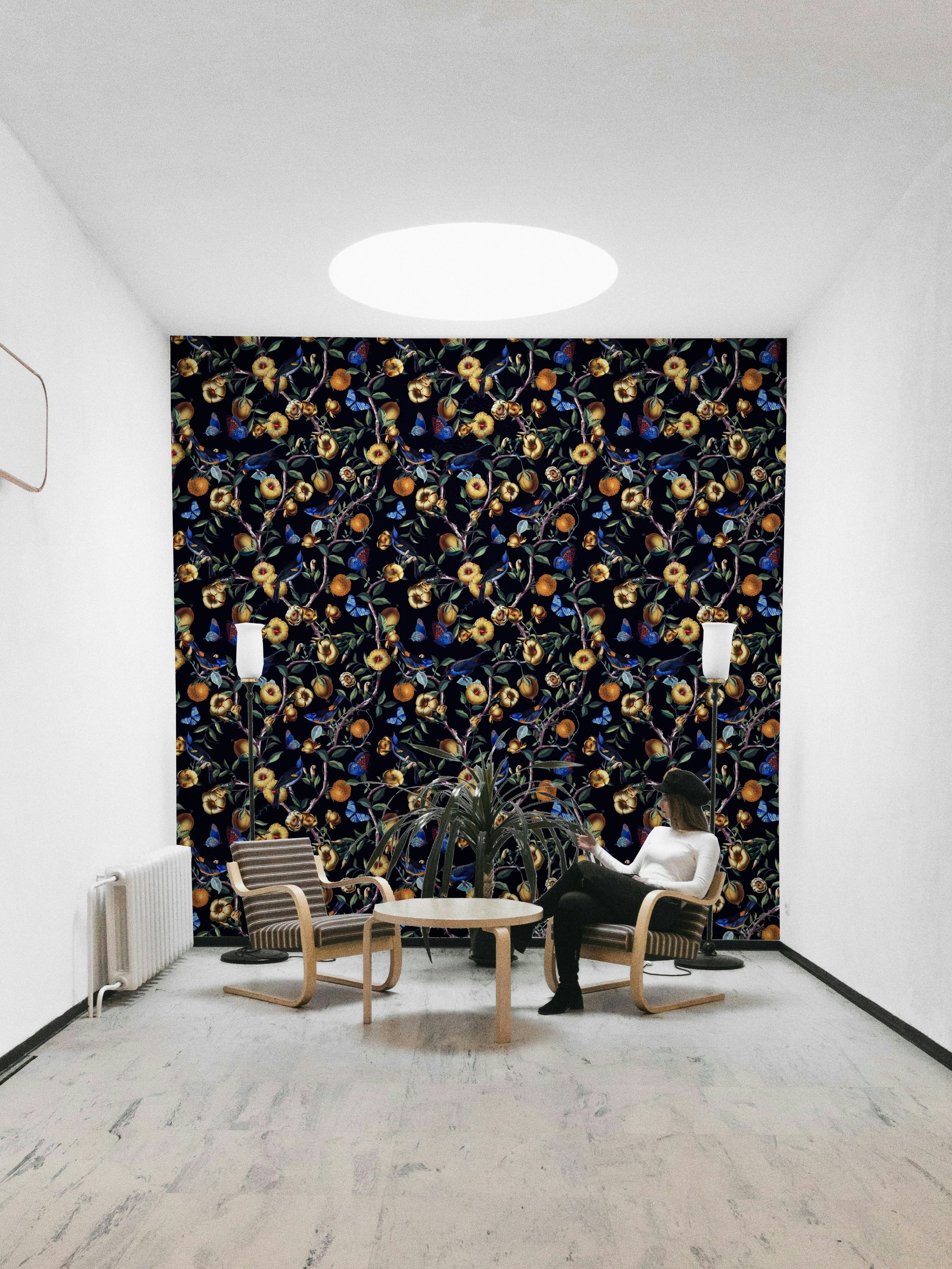 Elegant wall mural with nighttime garden blooms and shadows.

