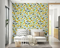 Close-up of exotic flowers and birds in a tropical wallpaper.

