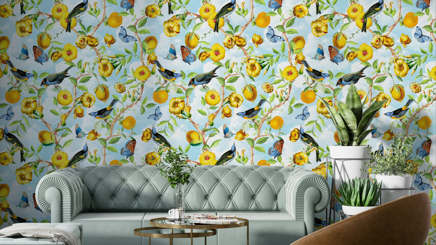 Statement mural with bold plants and tropical wildlife.

