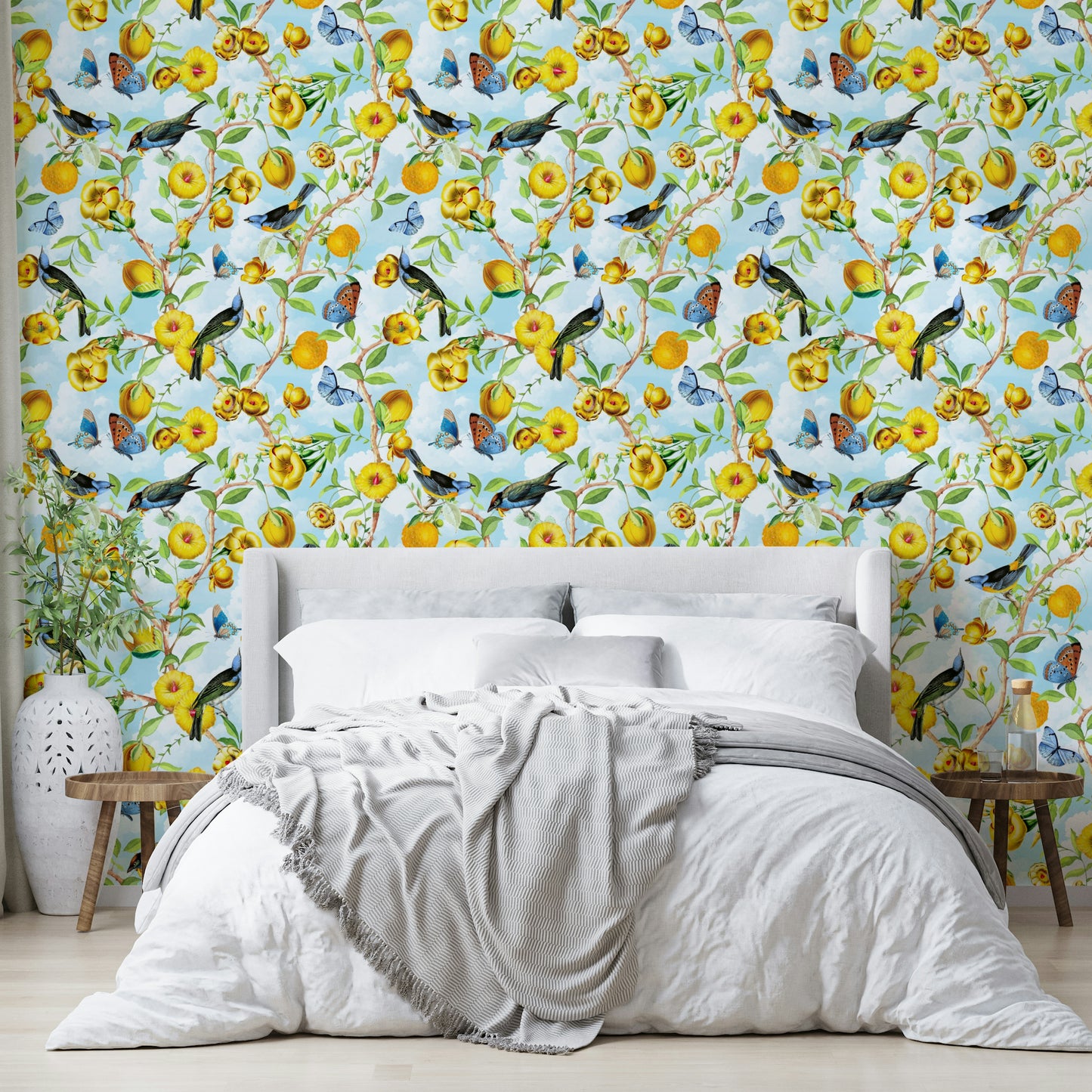 Bold tropical mural featuring jungle leaves and bright blooms.

